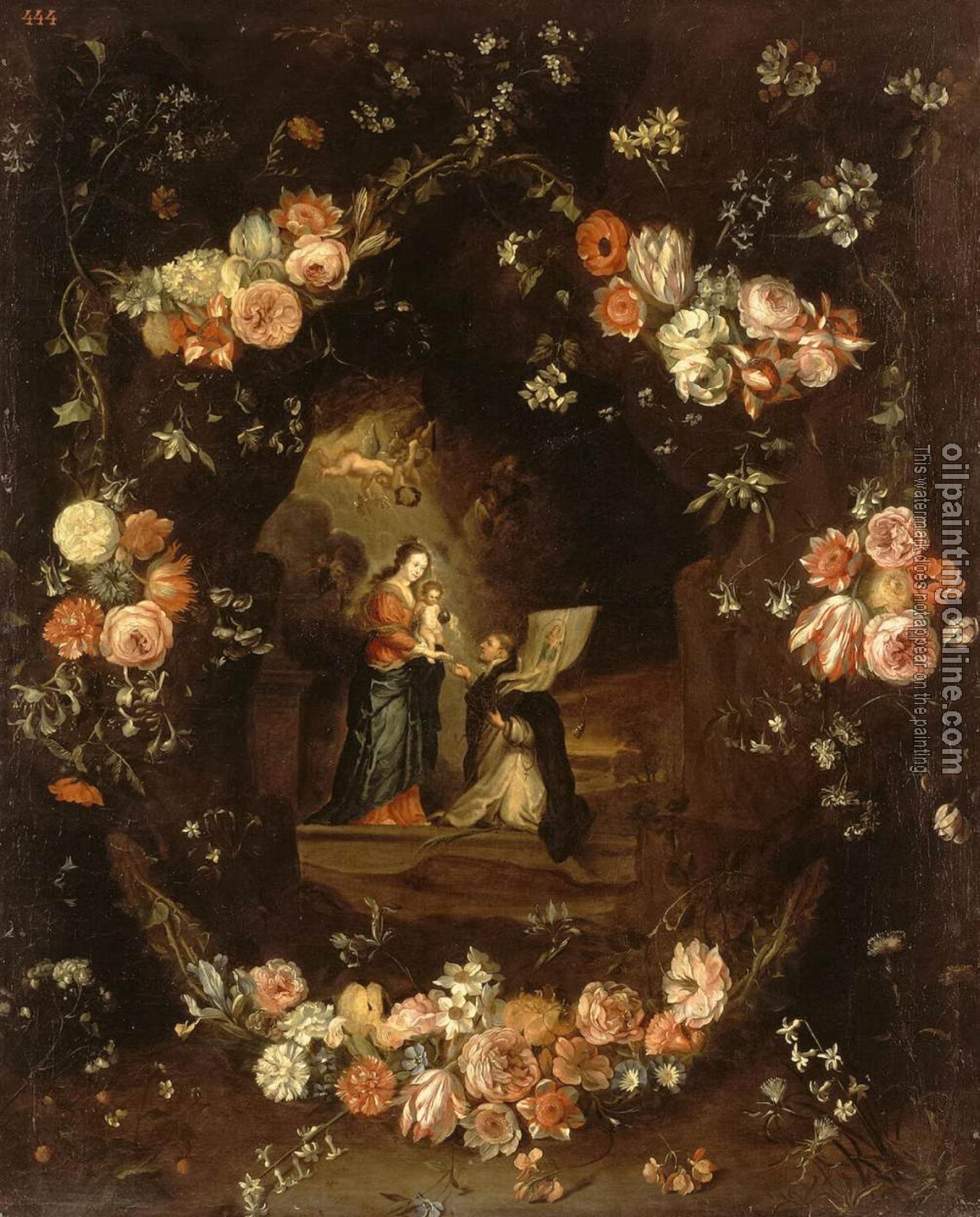 Kessel, Jan van - Madonna with the Child and St Ildephonsus Framed with a Garland of Flowers
